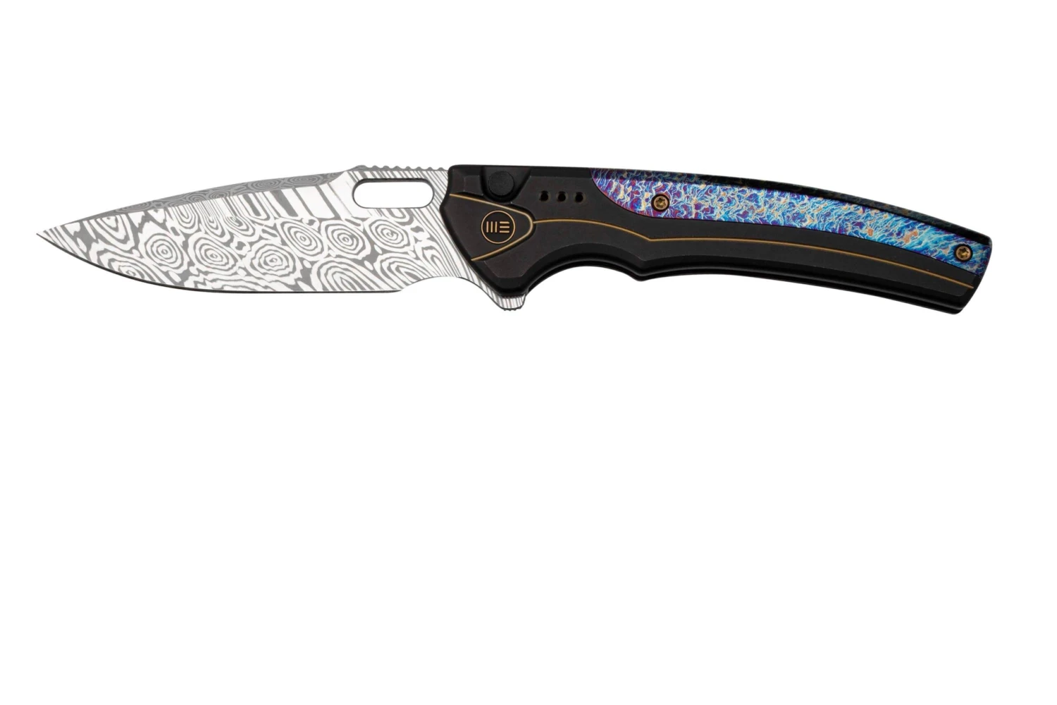 WE Knife Exciton Black Titanium Flamed Titanium, Heimskringla Damasteel WE22038A-DS1 Limited Edition Navaja 1 WE Knife Exciton Black Titanium Flamed Titanium, Heimskringla Damasteel WE22038A-DS1 Limited Edition Navaja